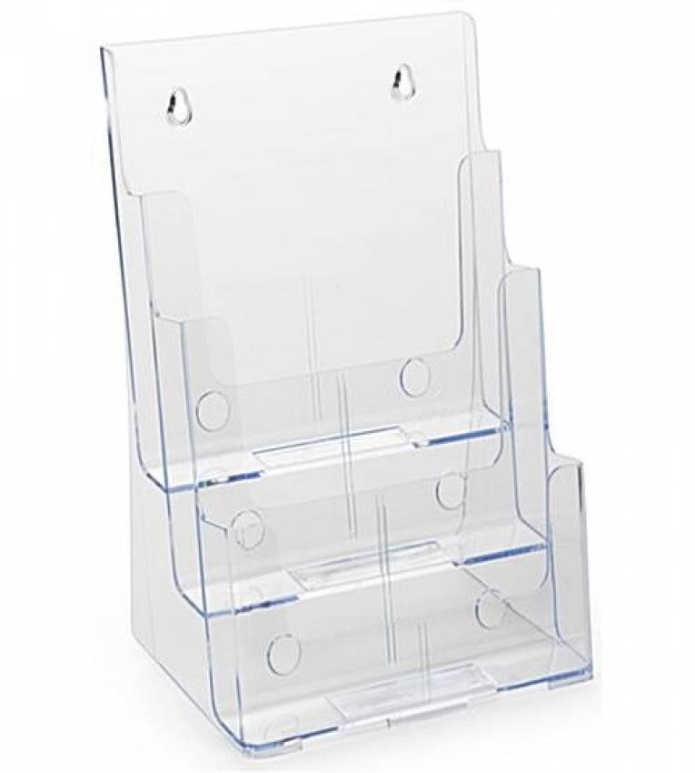 A4 est un présentoir à 3 compartiments pour documents A4 en plexiglas transparent moulé d'une seule pièce au moyen de